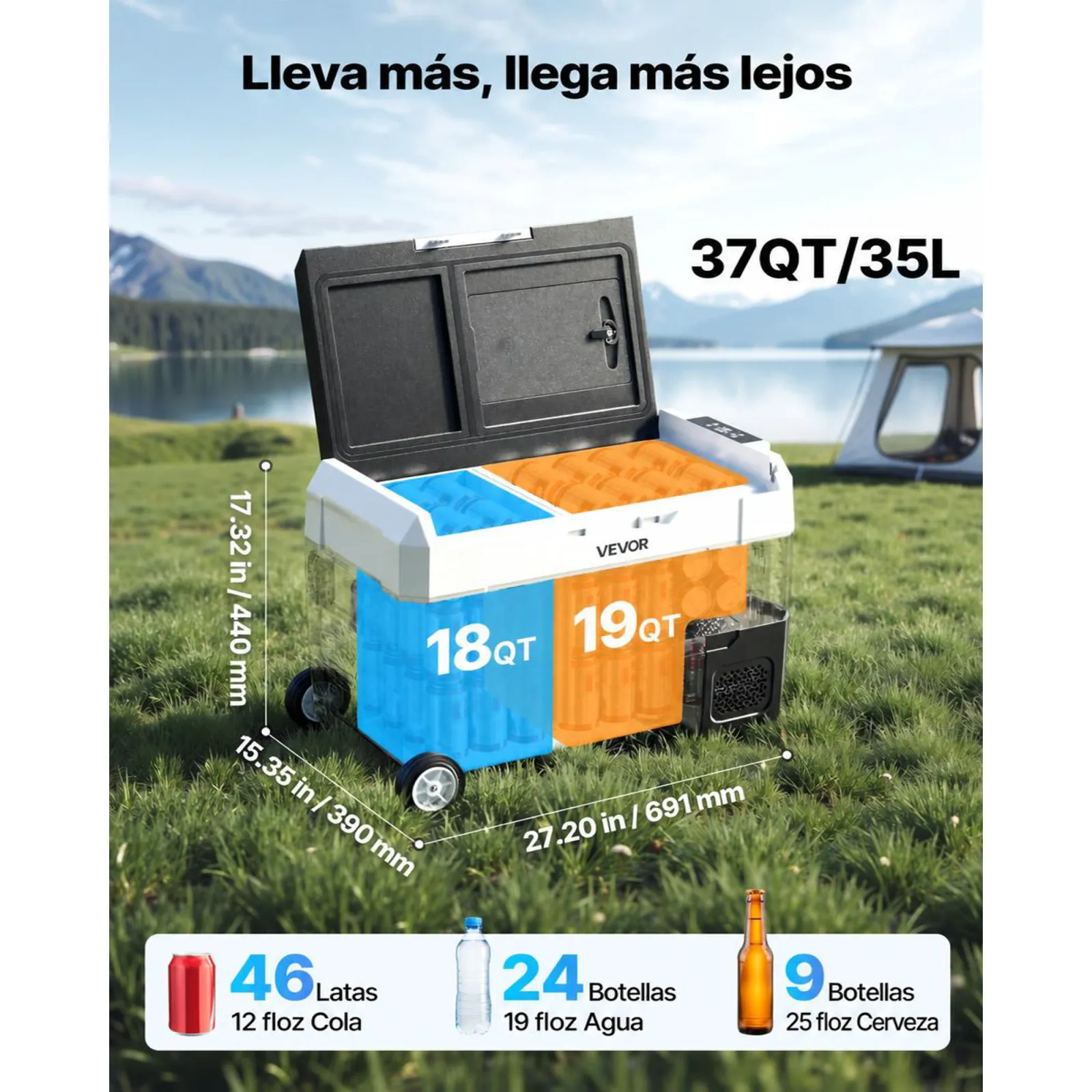 VEVOR Nevera Portátil para Coche 35 L, Refrigerador para Coche Temperatura Ajustable de -20 °C a 20 °C, con Control por Aplicación, Ruedas y Doble Zona, para Autocaravanas, Barcos, Camping, Pesca