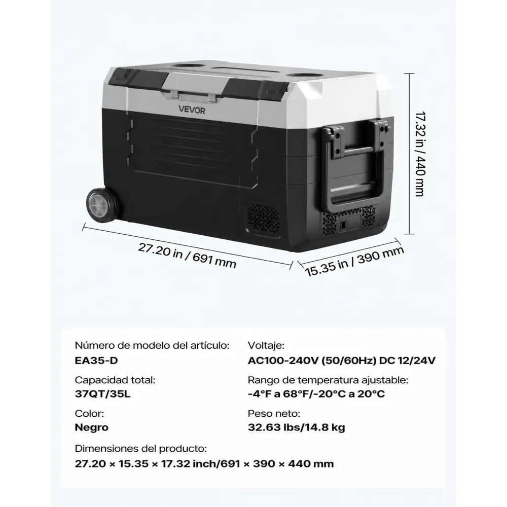 VEVOR Nevera Portátil para Coche 35 L, Refrigerador para Coche Temperatura Ajustable de -20 °C a 20 °C, con Control por Aplicación, Ruedas y Doble Zona, para Autocaravanas, Barcos, Camping, Pesca