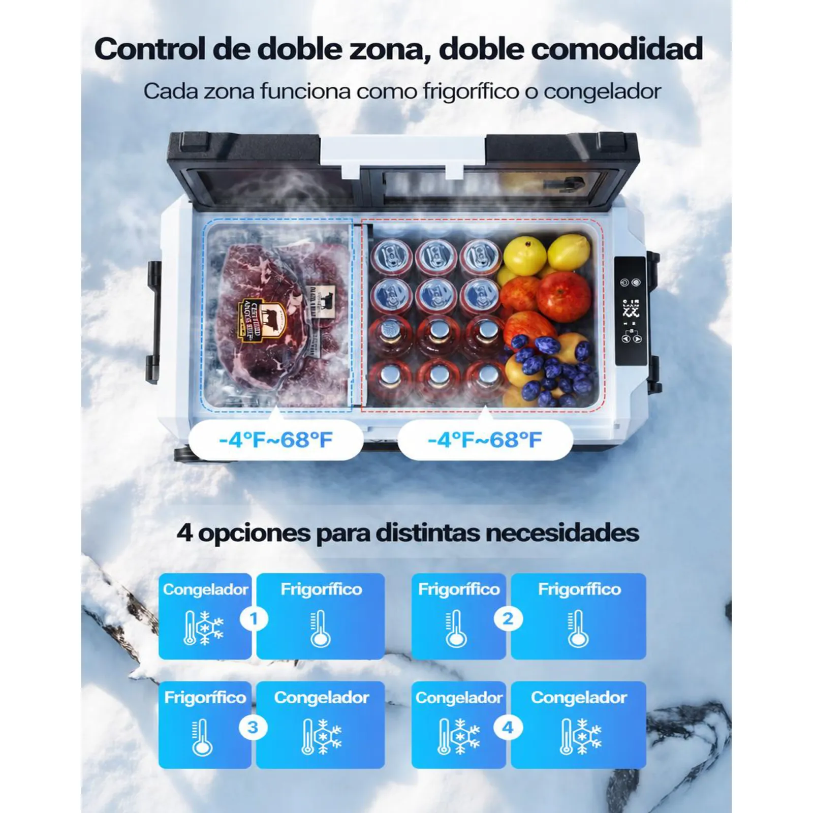 VEVOR Nevera Portátil para Coche 45 L, Refrigerador para Coche Temperatura Ajustable de -20 °C a 20 °C, con Control por Aplicación, Ruedas y Doble Zona, para Autocaravanas, Barcos, Camping, Pesca
