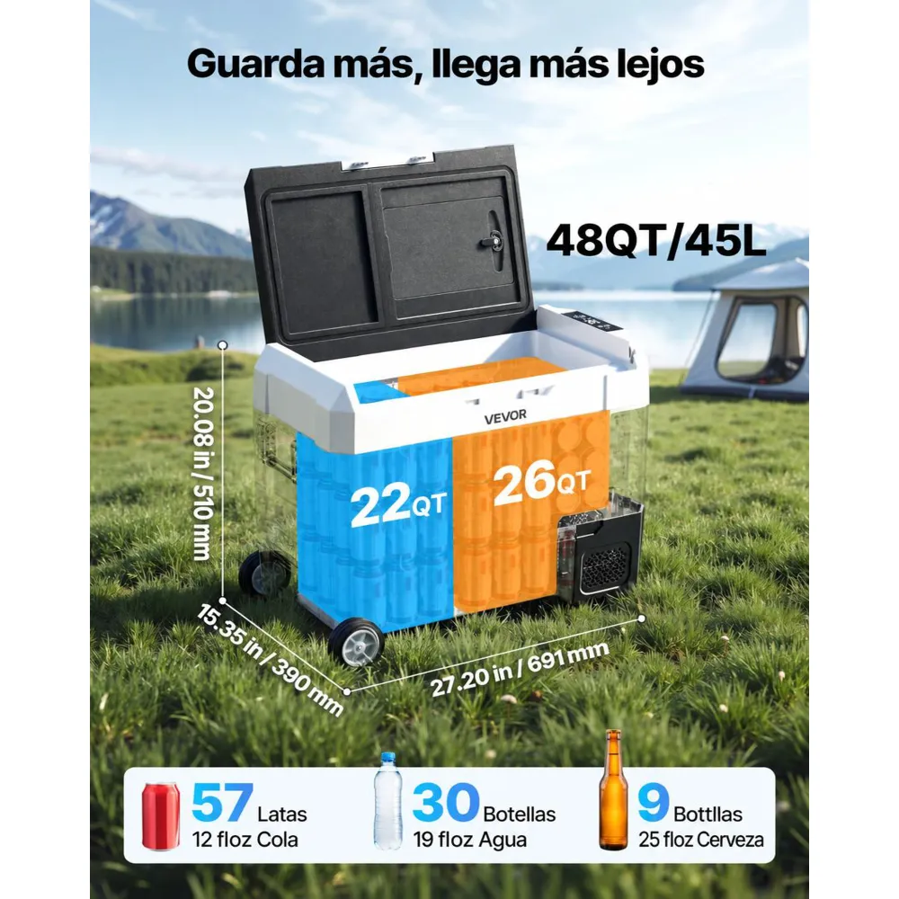 VEVOR Nevera Portátil para Coche 45 L, Refrigerador para Coche Temperatura Ajustable de -20 °C a 20 °C, con Control por Aplicación, Ruedas y Doble Zona, para Autocaravanas, Barcos, Camping, Pesca
