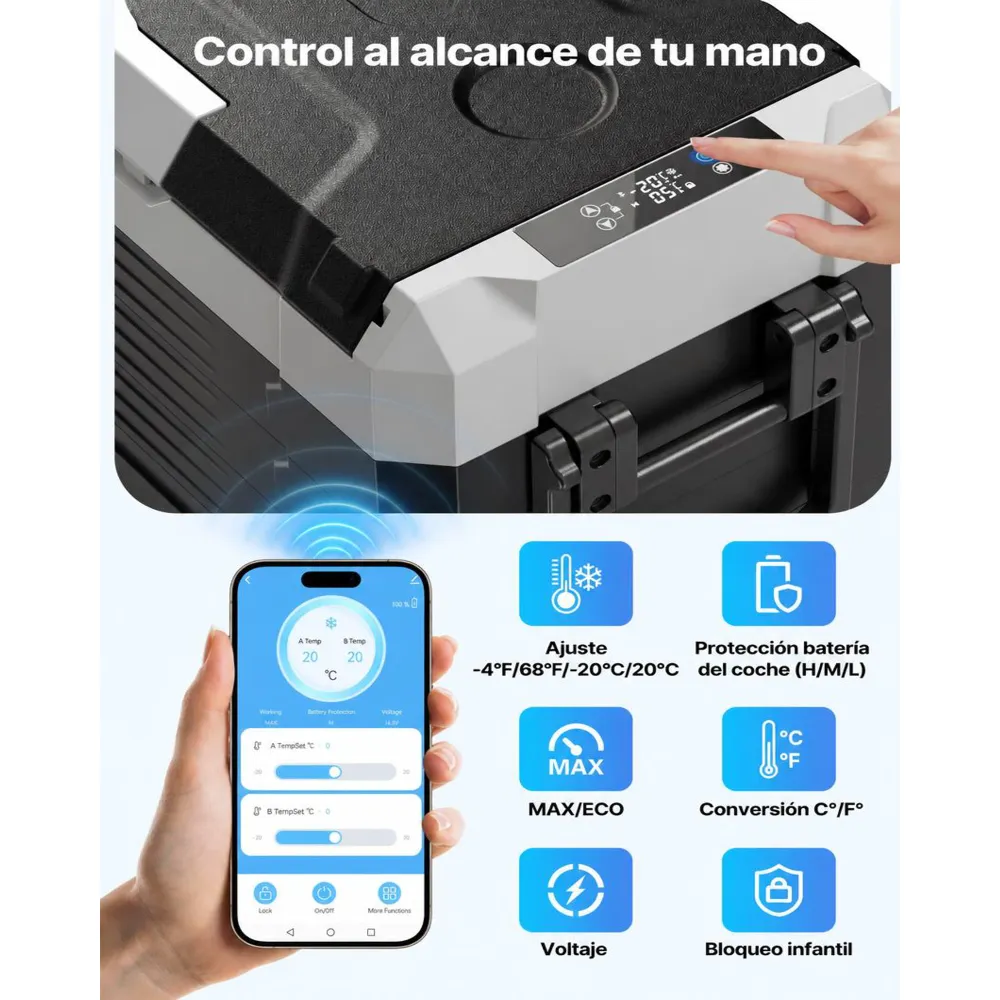 VEVOR Nevera Portátil para Coche 45 L, Refrigerador para Coche Temperatura Ajustable de -20 °C a 20 °C, con Control por Aplicación, Ruedas y Doble Zona, para Autocaravanas, Barcos, Camping, Pesca