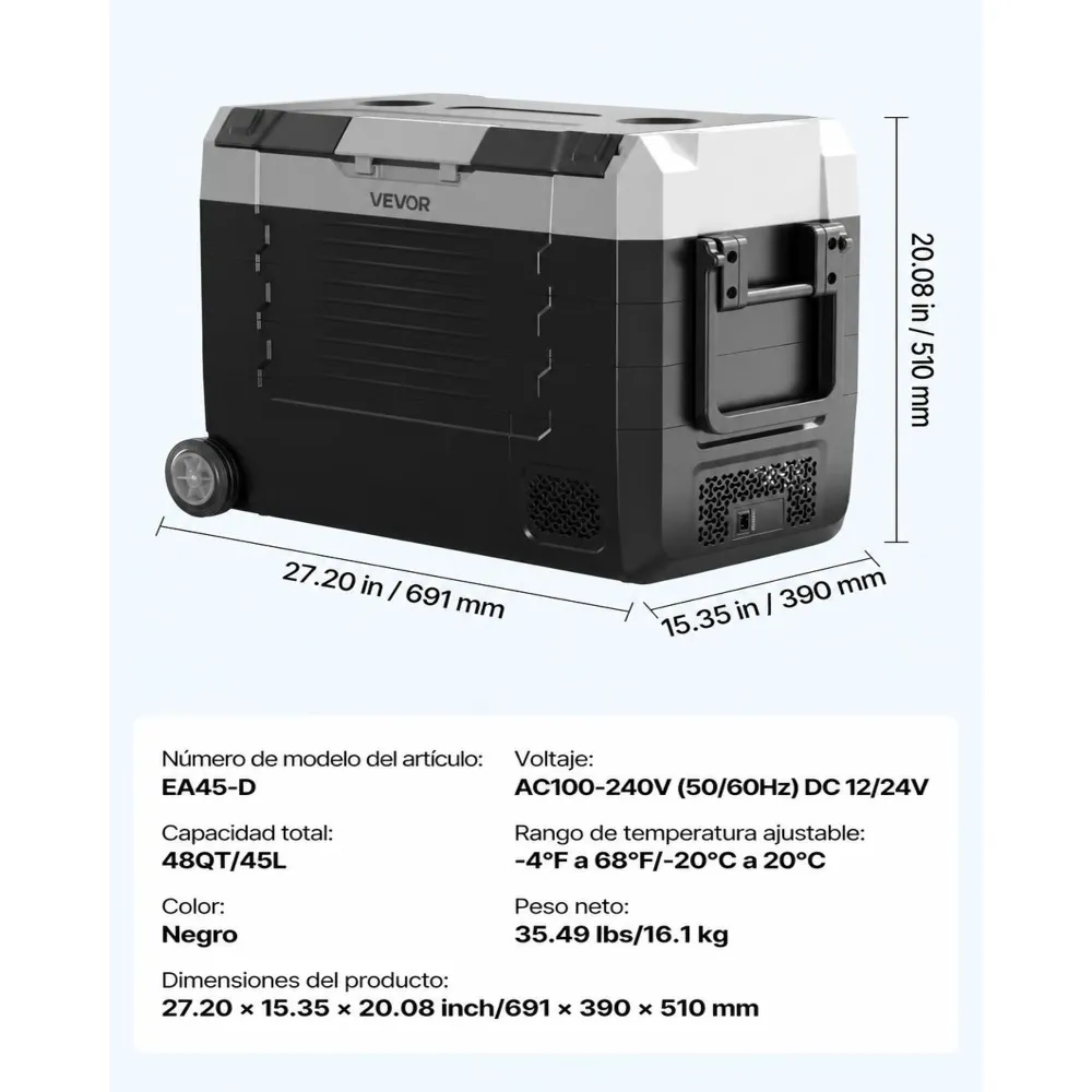 VEVOR Nevera Portátil para Coche 45 L, Refrigerador para Coche Temperatura Ajustable de -20 °C a 20 °C, con Control por Aplicación, Ruedas y Doble Zona, para Autocaravanas, Barcos, Camping, Pesca