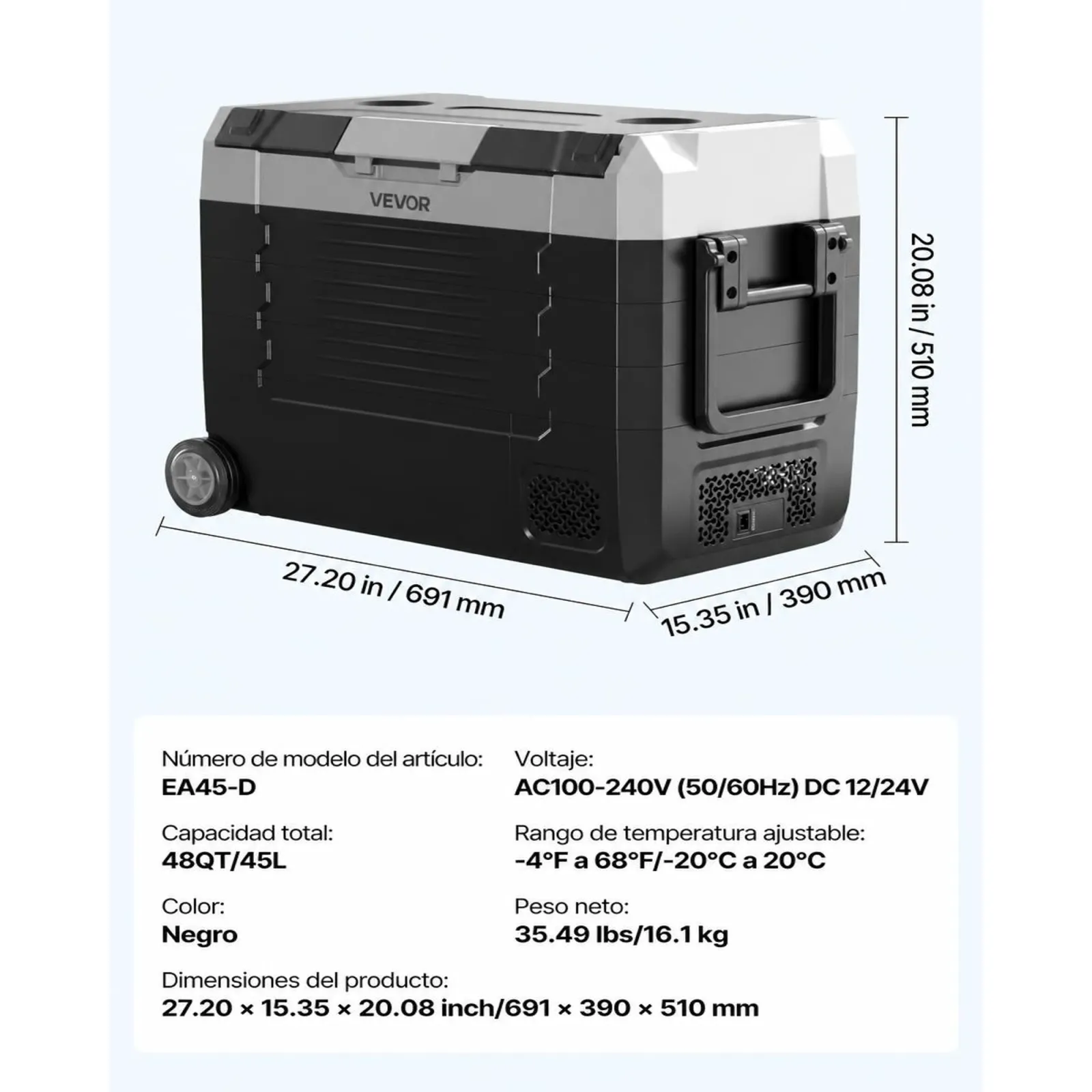 VEVOR Nevera Portátil para Coche 45 L, Refrigerador para Coche Temperatura Ajustable de -20 °C a 20 °C, con Control por Aplicación, Ruedas y Doble Zona, para Autocaravanas, Barcos, Camping, Pesca