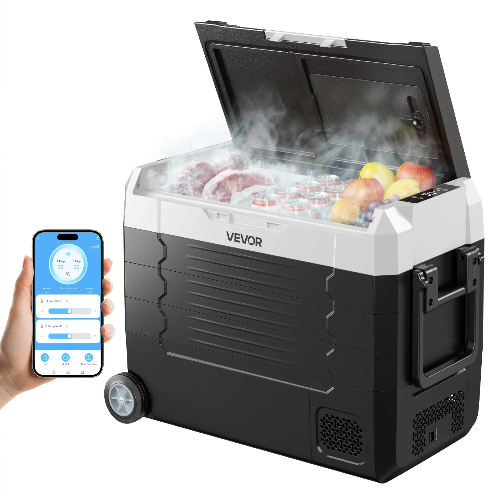VEVOR Nevera Portátil para Coche 45 L, Refrigerador para Coche Temperatura Ajustable de -20 °C a 20 °C, con Control por Aplicación, Ruedas y Doble Zona, para Autocaravanas, Barcos, Camping, Pesca