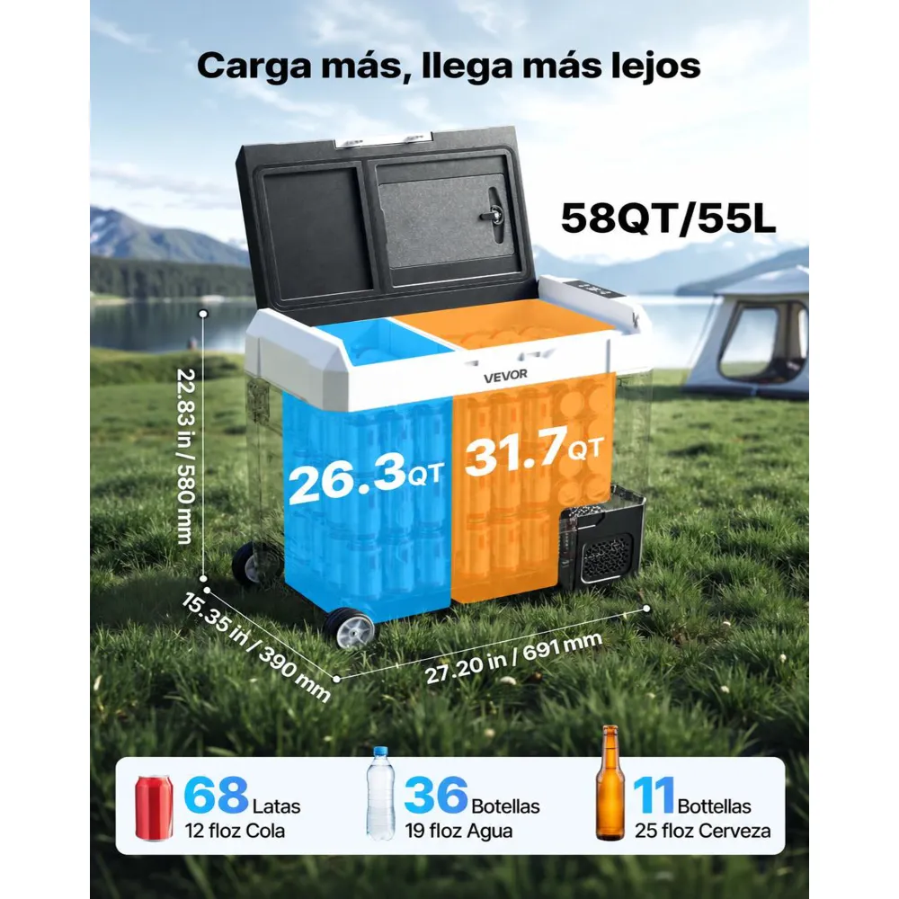 VEVOR Nevera Portátil para Coche 55 L, Refrigerador para Coche Temperatura Ajustable de -20 °C a 20 °C, con Control por Aplicación, Ruedas y Doble Zona, para Autocaravanas, Barcos, Camping, Pesca