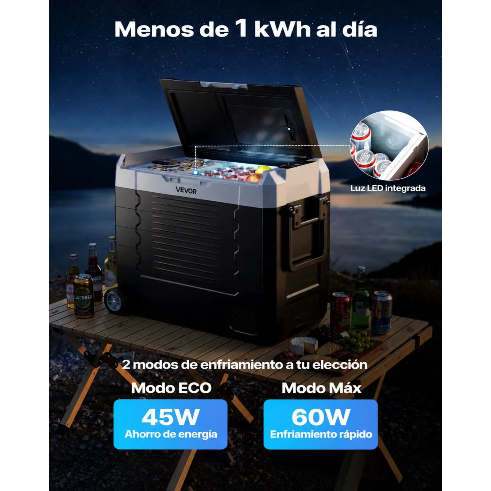 VEVOR Nevera Portátil para Coche 55 L, Refrigerador para Coche Temperatura Ajustable de -20 °C a 20 °C, con Control por Aplicación, Ruedas y Doble Zona, para Autocaravanas, Barcos, Camping, Pesca