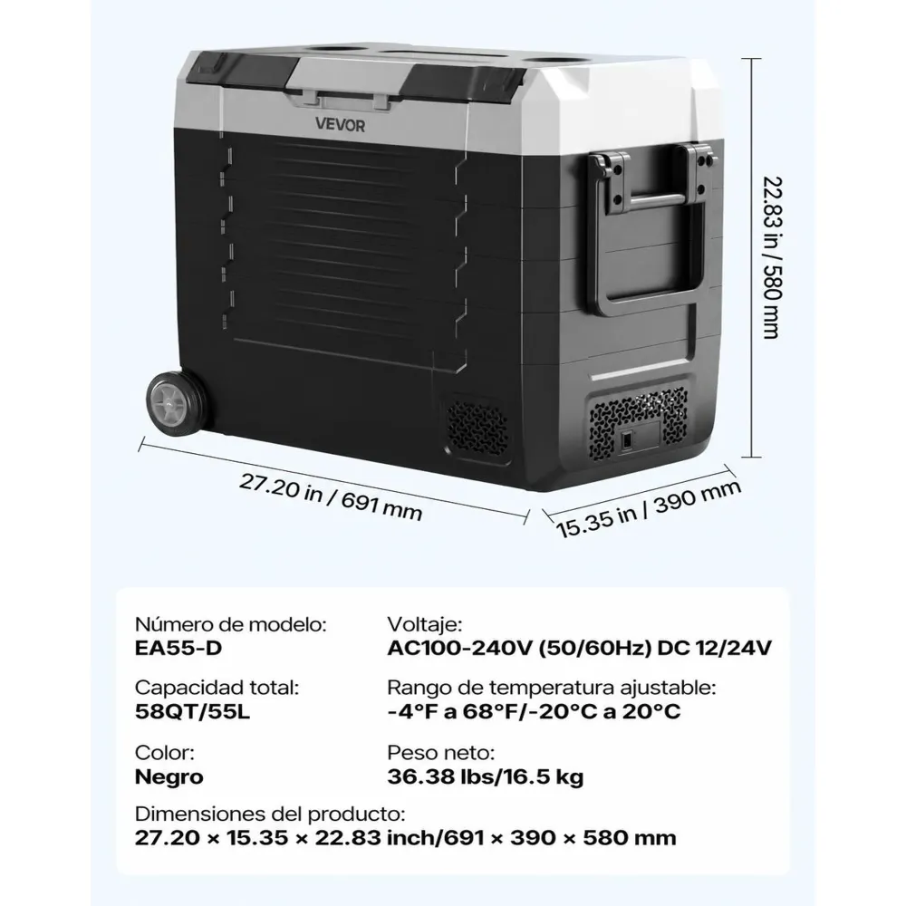 VEVOR Nevera Portátil para Coche 55 L, Refrigerador para Coche Temperatura Ajustable de -20 °C a 20 °C, con Control por Aplicación, Ruedas y Doble Zona, para Autocaravanas, Barcos, Camping, Pesca