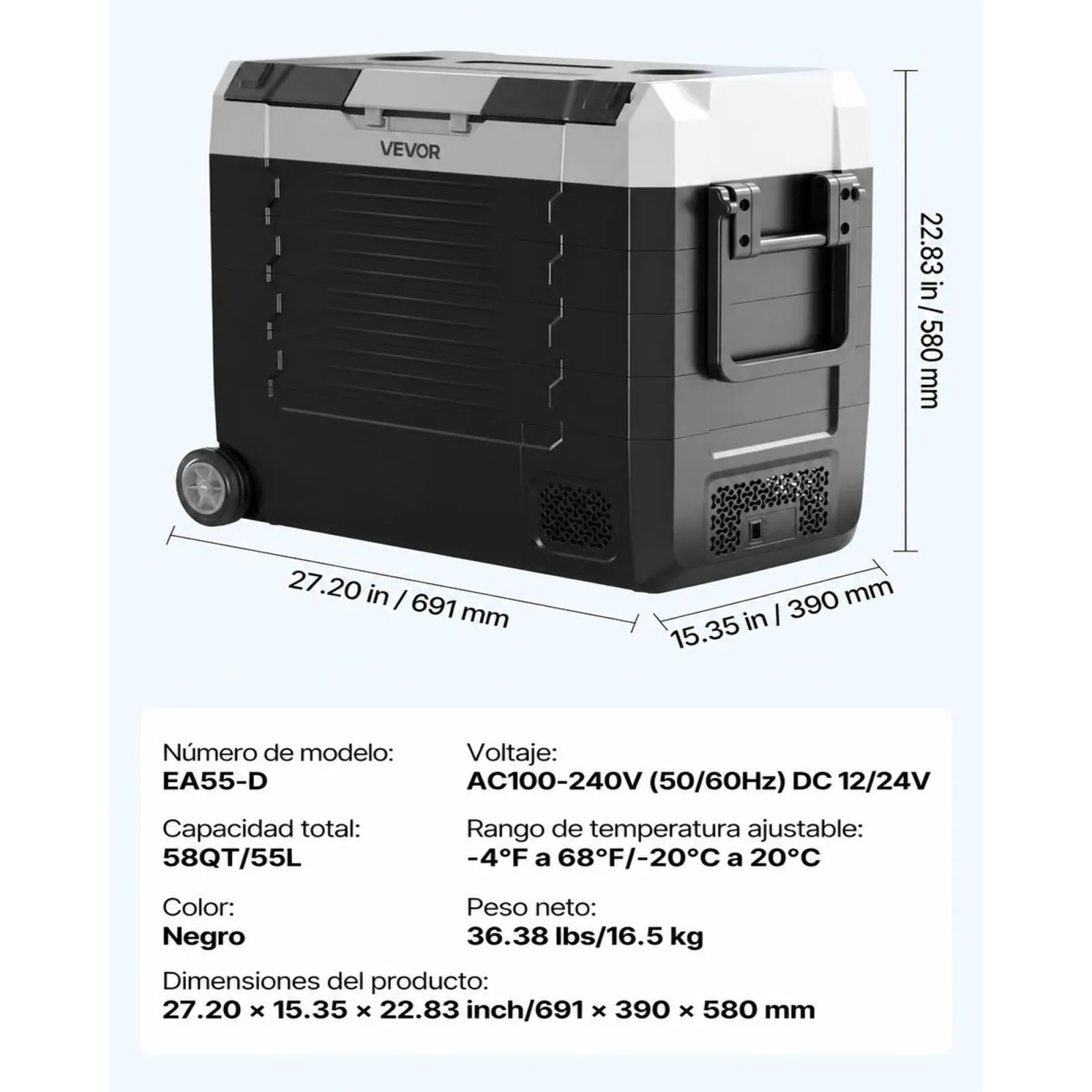 VEVOR Nevera Portátil para Coche 55 L, Refrigerador para Coche Temperatura Ajustable de -20 °C a 20 °C, con Control por Aplicación, Ruedas y Doble Zona, para Autocaravanas, Barcos, Camping, Pesca