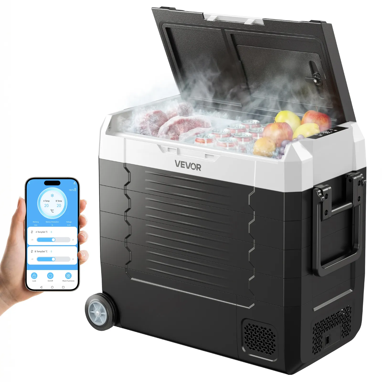VEVOR Nevera Portátil para Coche 55 L, Refrigerador para Coche Temperatura Ajustable de -20 °C a 20 °C, con Control por Aplicación, Ruedas y Doble Zona, para Autocaravanas, Barcos, Camping, Pesca