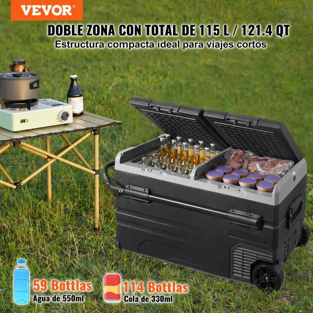 VEVOR Refrigerador para automóvil, refrigerador para automóvil de 12 voltios, congelador portátil de doble zona de 115 L con ruedas y asa, -4 ℉ - 68 ℉, refrigerador con compresor de 12/24 V CC y 100-240 V CA para exteriores, campamentos
