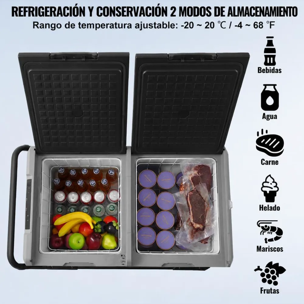 VEVOR Refrigerador para automóvil, refrigerador para automóvil de 12 voltios, congelador portátil de doble zona de 115 L con ruedas y asa, -4 ℉ - 68 ℉, refrigerador con compresor de 12/24 V CC y 100-240 V CA para exteriores, campamentos
