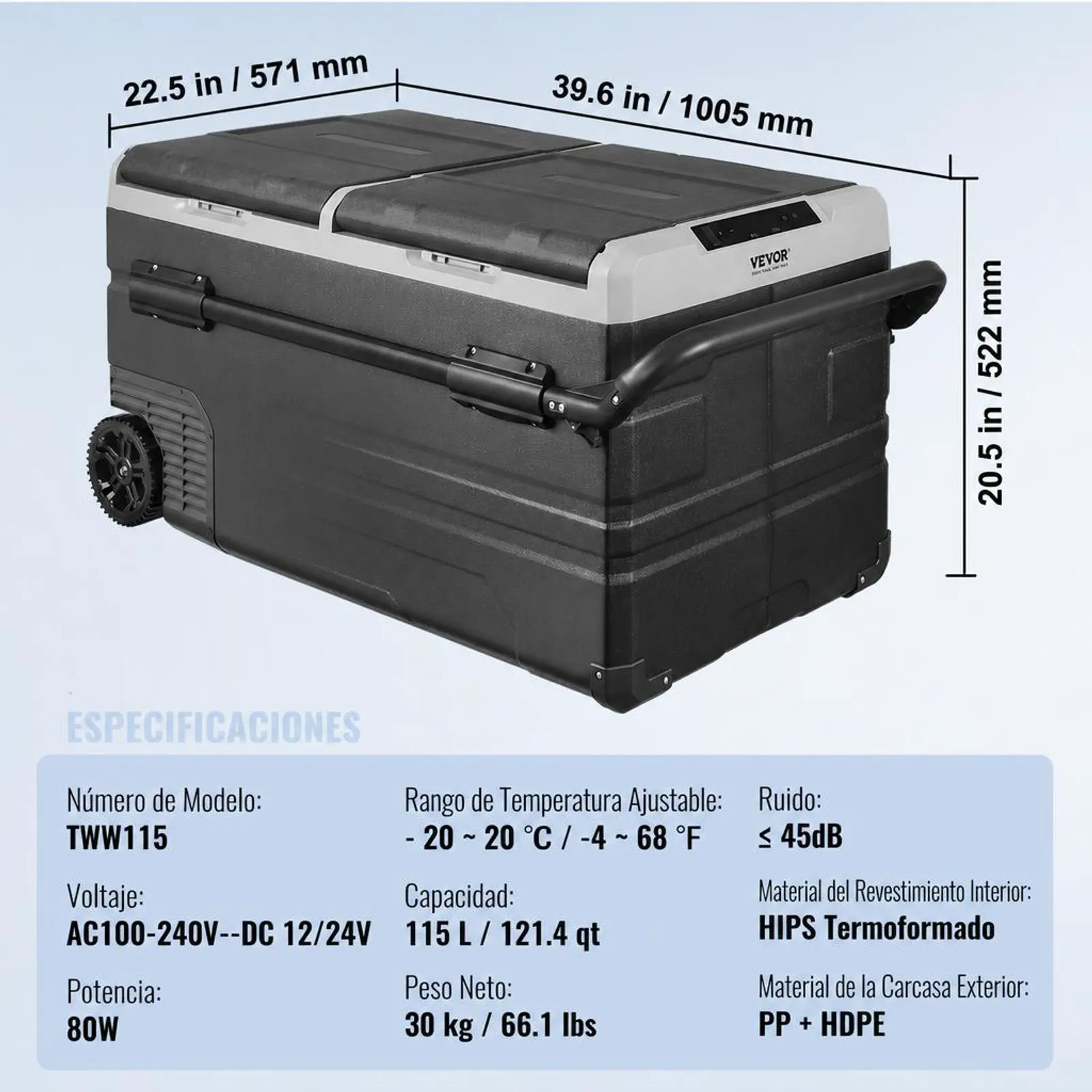 VEVOR Refrigerador para automóvil, refrigerador para automóvil de 12 voltios, congelador portátil de doble zona de 115 L con ruedas y asa, -4 ℉ - 68 ℉, refrigerador con compresor de 12/24 V CC y 100-240 V CA para exteriores, campamentos