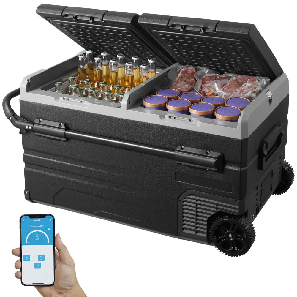 VEVOR Refrigerador para automóvil, refrigerador para automóvil de 12 voltios, congelador portátil de doble zona de 115 L con ruedas y asa, -4 ℉ - 68 ℉, refrigerador con compresor de 12/24 V CC y 100-240 V CA para exteriores, campamentos