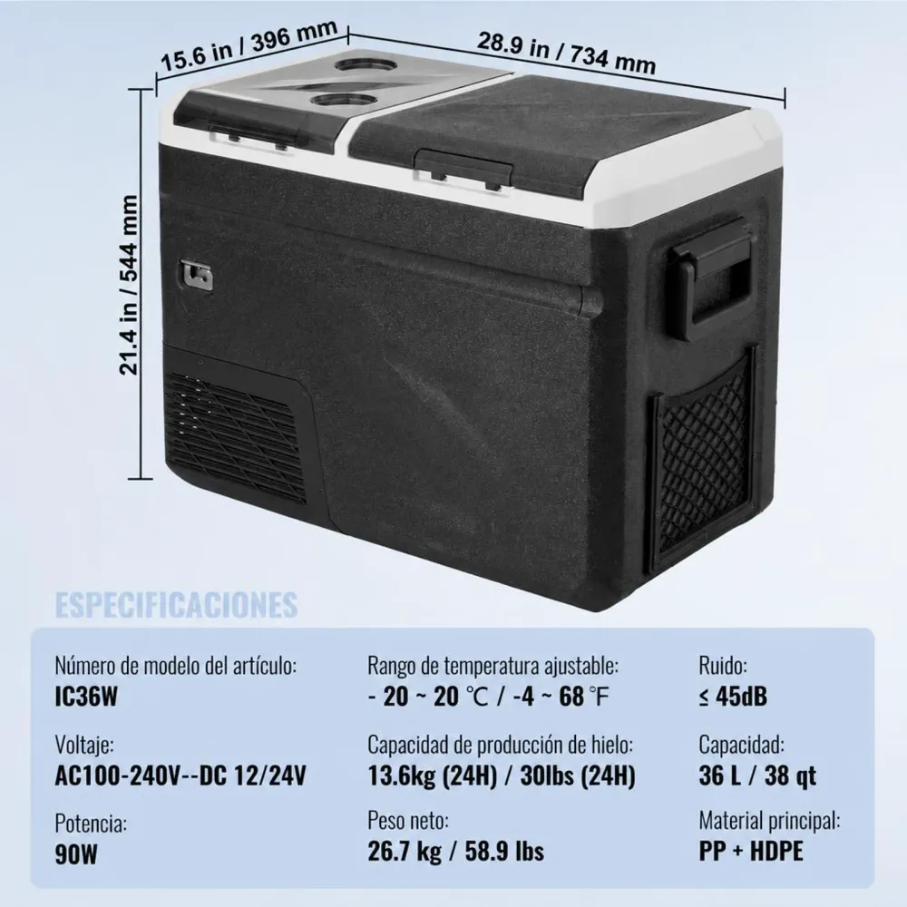 VEVOR Refrigerador Portátil para Automóvil, con Función de Fabricación de Hielo, 36 L, Temperatura Ajustable de -20~20 ℃, con Compresor para Acampar, Automóvil, 734 x 396 x 544 mm