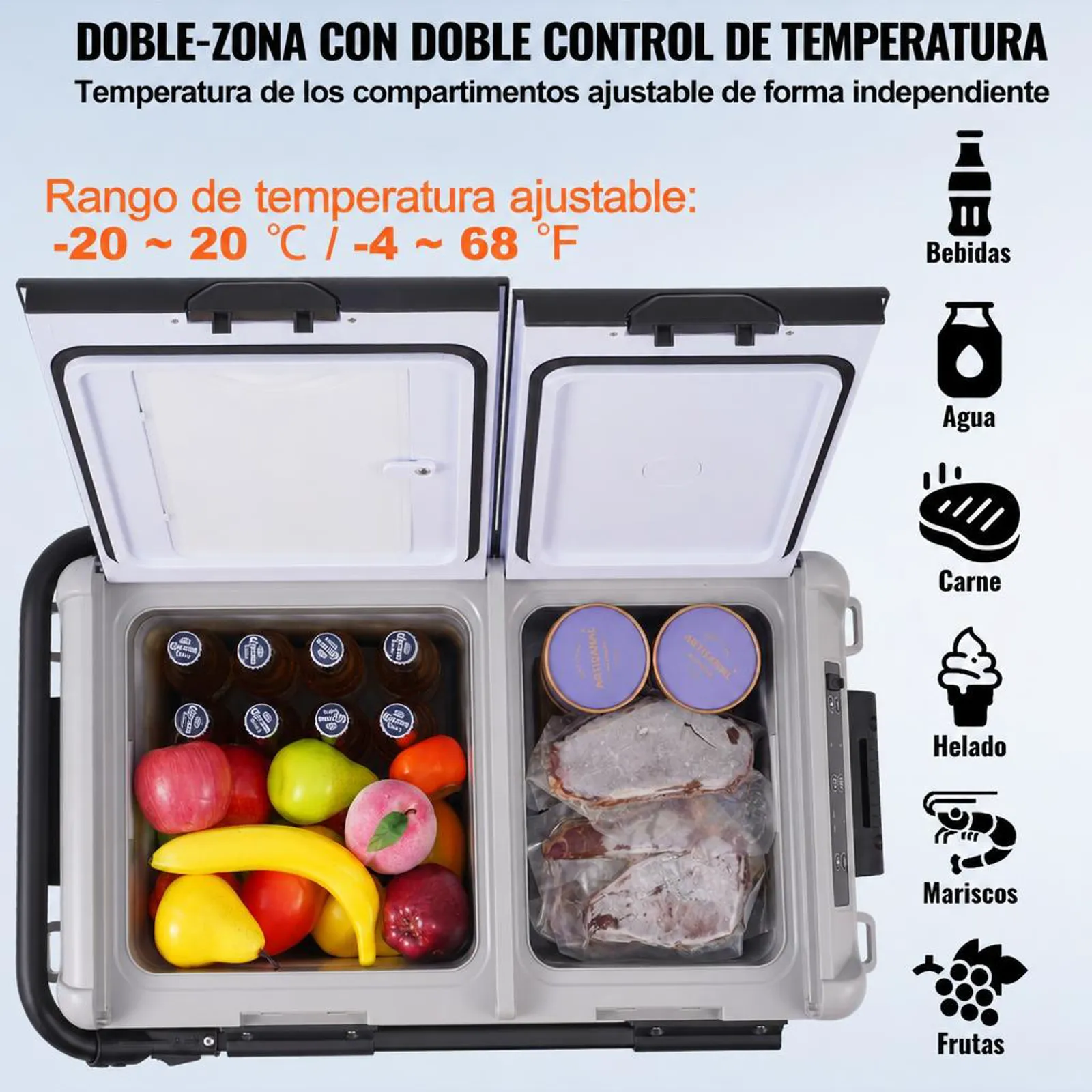 VEVOR Refrigerador portátil para automóvil, refrigerador para automóvil de 12 voltios, congelador portátil de doble zona de 40 L, temperatura ajustable de -4 ℉ a 68 ℉, refrigerador con compresor para el hogar, exteriores, campamentos, vehículos recreativos y automóviles