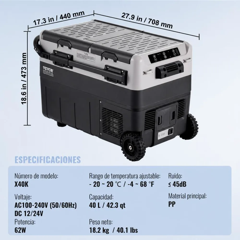 VEVOR Refrigerador portátil para automóvil, refrigerador para automóvil de 12 voltios, congelador portátil de doble zona de 40 L, temperatura ajustable de -4 ℉ a 68 ℉, refrigerador con compresor para el hogar, exteriores, campamentos, vehículos recreativos y automóviles
