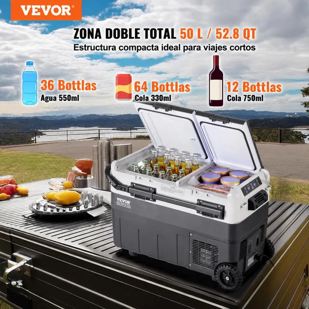 VEVOR Refrigerador portátil para automóvil, refrigerador para automóvil de 12 voltios, congelador portátil de doble zona de 50 L, temperatura ajustable de -4 ℉ a 68 ℉, refrigerador con compresor para el hogar, exteriores, campamentos, vehículos recreativos y automóviles