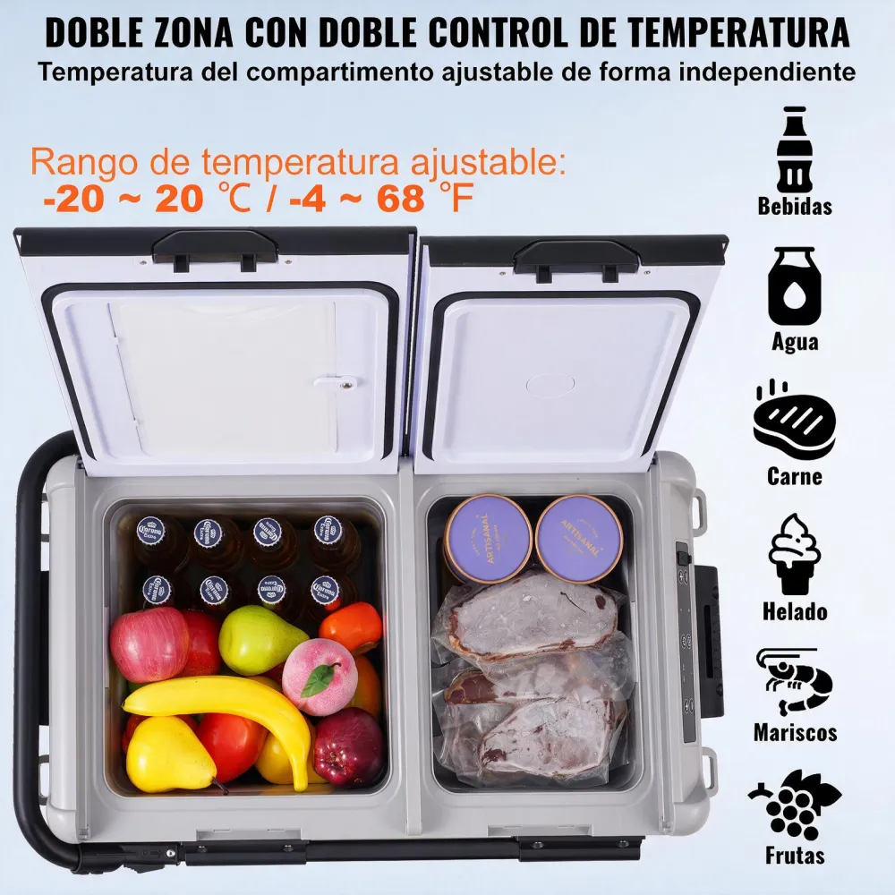 VEVOR Refrigerador portátil para automóvil, refrigerador para automóvil de 12 voltios, congelador portátil de doble zona de 50 L, temperatura ajustable de -4 ℉ a 68 ℉, refrigerador con compresor para el hogar, exteriores, campamentos, vehículos recreativos y automóviles