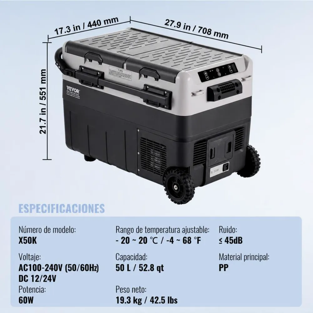 VEVOR Refrigerador portátil para automóvil, refrigerador para automóvil de 12 voltios, congelador portátil de doble zona de 50 L, temperatura ajustable de -4 ℉ a 68 ℉, refrigerador con compresor para el hogar, exteriores, campamentos, vehículos recreativos y automóviles
