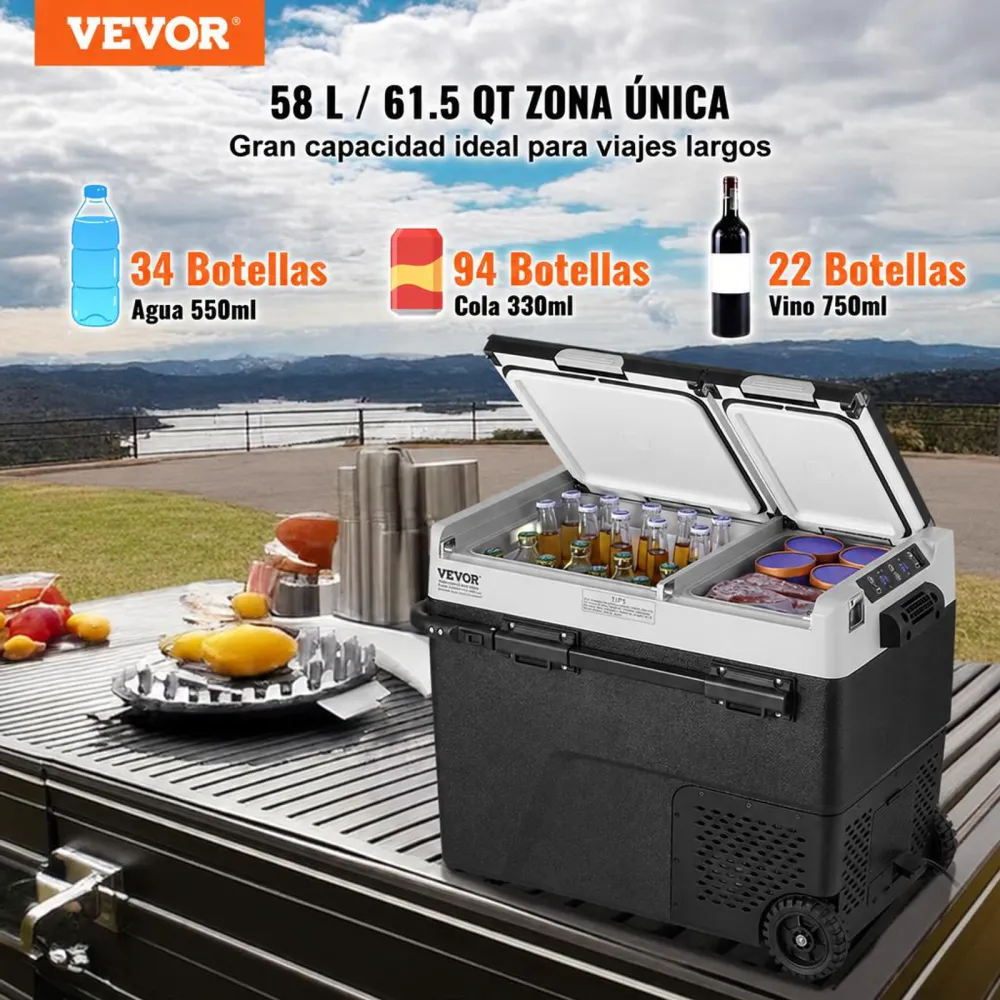 VEVOR Refrigerador Portátil para Automóvil, Doble Zona de 58 L, Temperatura Ajustable de -20~20 ℃, Refrigerador con Compresor para el Hogar, Campamentos, Vehículos Recreativos, 753 x 461 x 558 mm