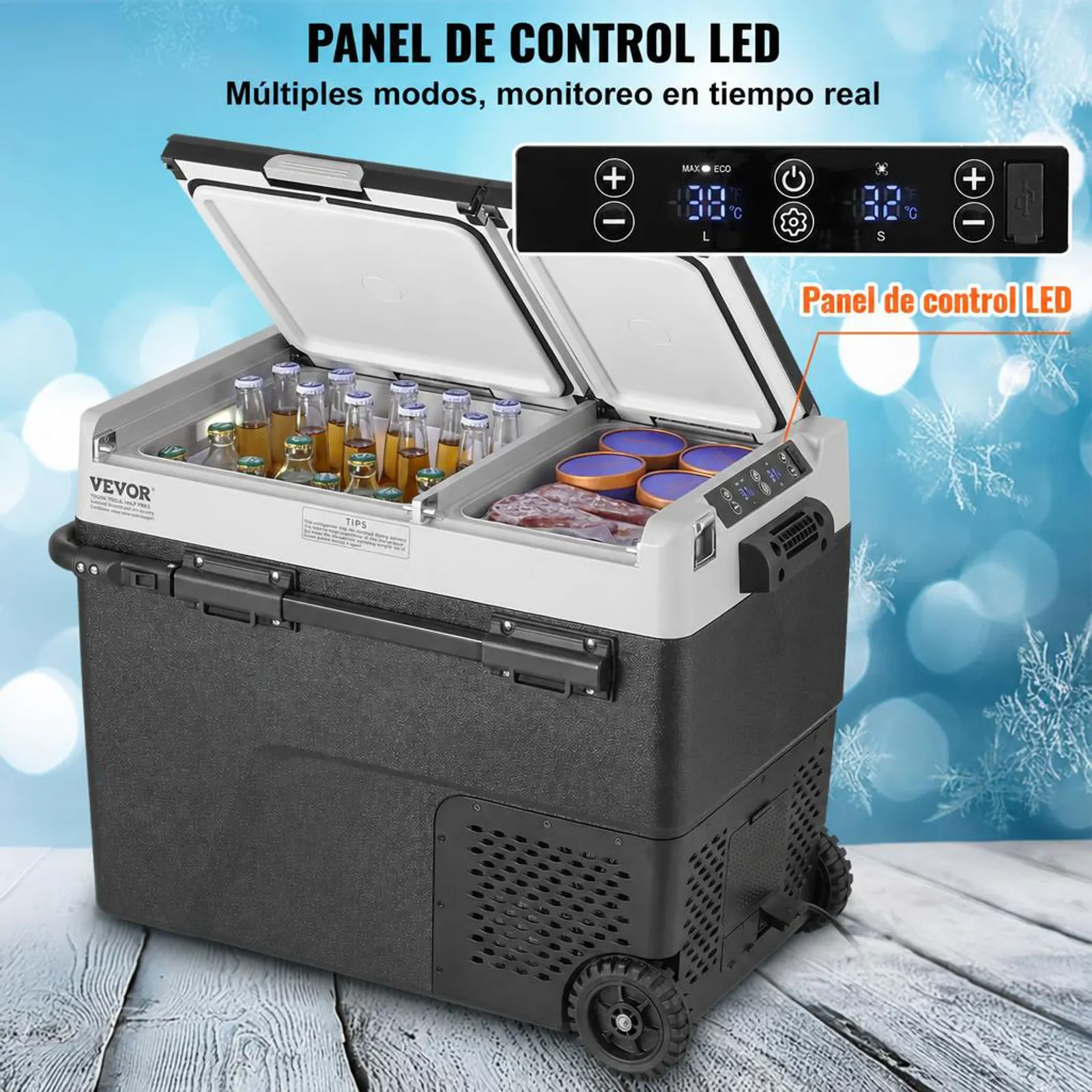 VEVOR Refrigerador Portátil para Automóvil, Doble Zona de 58 L, Temperatura Ajustable de -20~20 ℃, Refrigerador con Compresor para el Hogar, Campamentos, Vehículos Recreativos, 753 x 461 x 558 mm