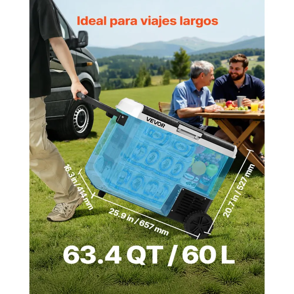 VEVOR Nevera Portátil para Coche 60 L con Compresor, Refrigerador para Coche Temperatura Ajustable de -20 a 20 °C, 12/24 V CC y 100-240 V CA, con Ruedas y Asa, para Autocaravanas, Camping, Viajes
