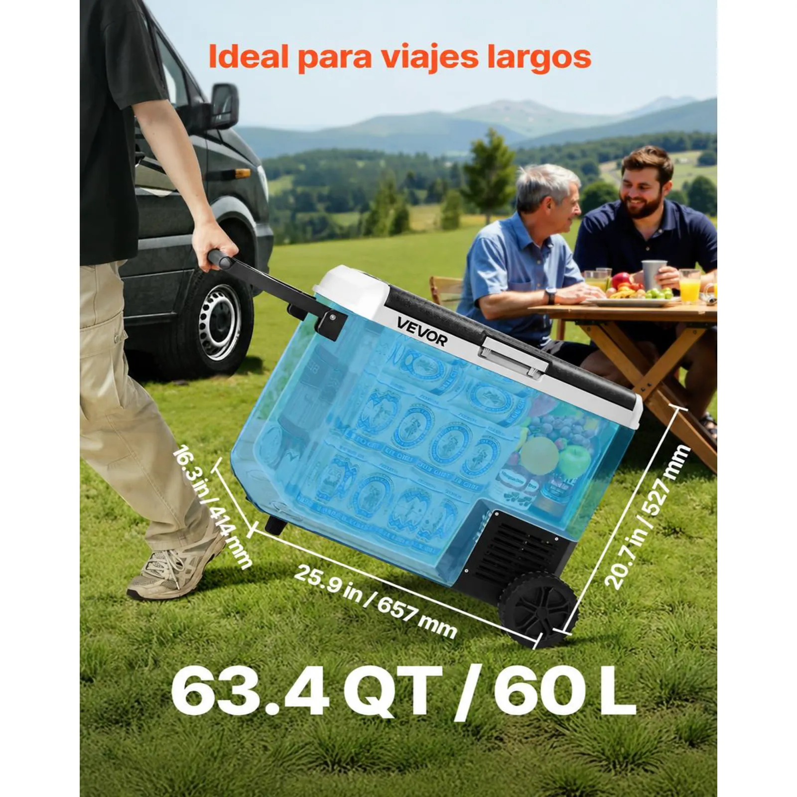 VEVOR Nevera Portátil para Coche 60 L con Compresor, Refrigerador para Coche Temperatura Ajustable de -20 a 20 °C, 12/24 V CC y 100-240 V CA, con Ruedas y Asa, para Autocaravanas, Camping, Viajes