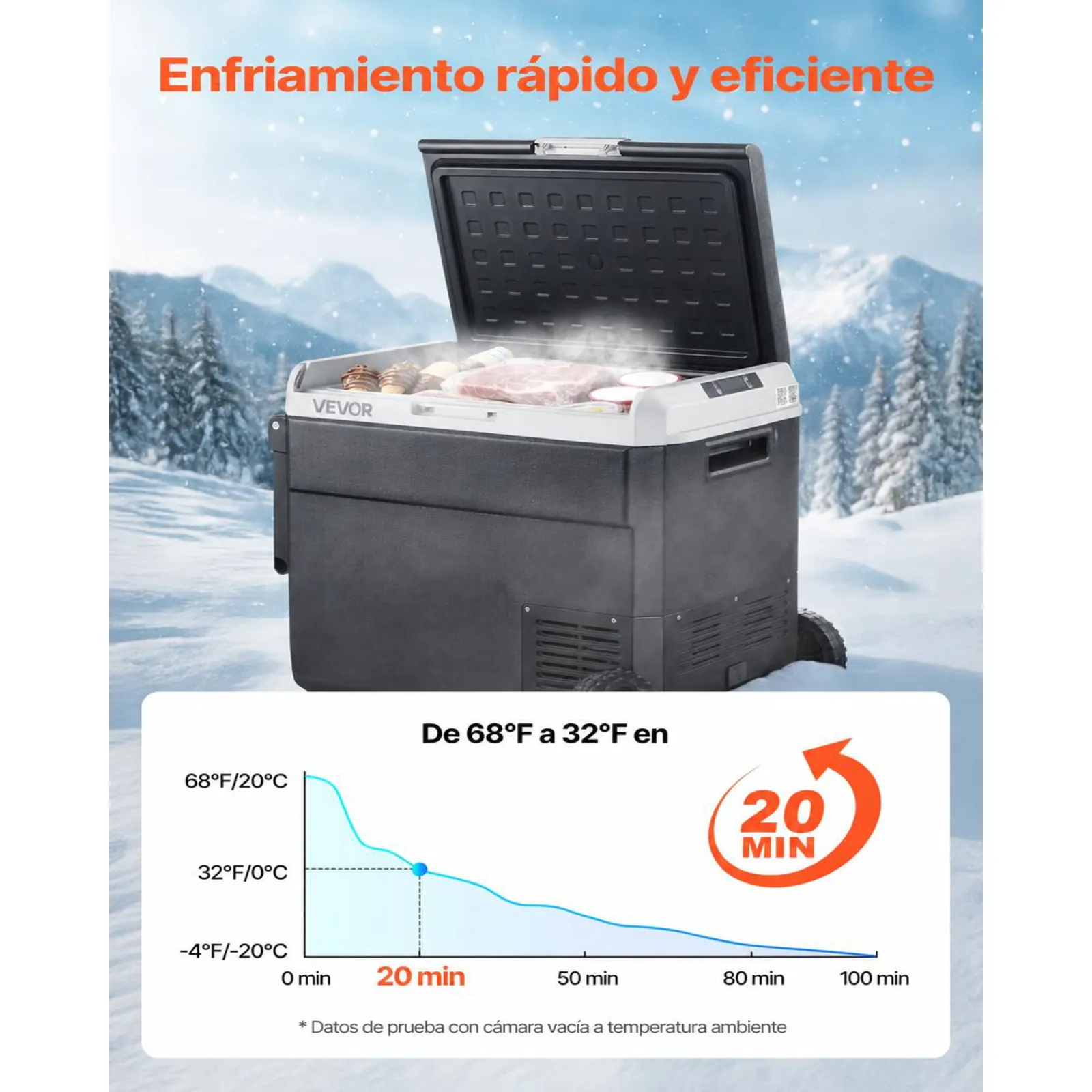 VEVOR Nevera Portátil para Coche 60 L con Compresor, Refrigerador para Coche Temperatura Ajustable de -20 a 20 °C, 12/24 V CC y 100-240 V CA, con Ruedas y Asa, para Autocaravanas, Camping, Viajes