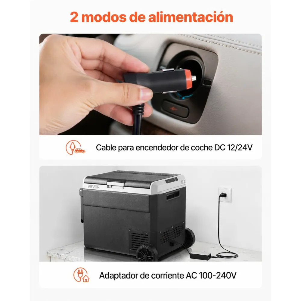 VEVOR Nevera Portátil para Coche 60 L con Compresor, Refrigerador para Coche Temperatura Ajustable de -20 a 20 °C, 12/24 V CC y 100-240 V CA, con Ruedas y Asa, para Autocaravanas, Camping, Viajes