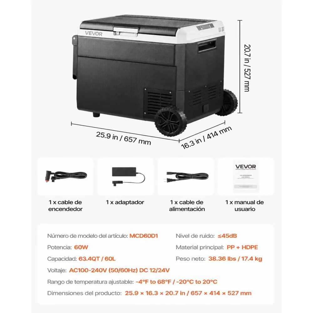 VEVOR Nevera Portátil para Coche 60 L con Compresor, Refrigerador para Coche Temperatura Ajustable de -20 a 20 °C, 12/24 V CC y 100-240 V CA, con Ruedas y Asa, para Autocaravanas, Camping, Viajes