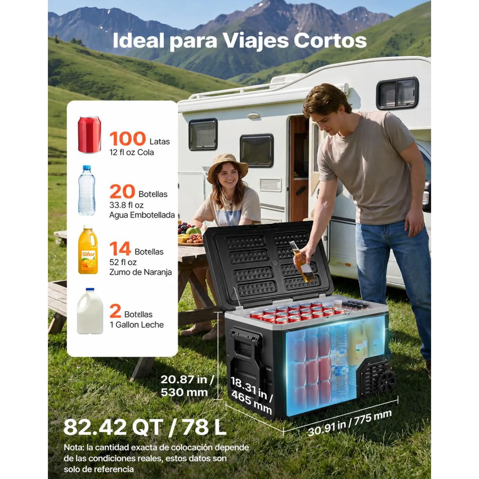VEVOR Nevera Portátil para Coche 78 L con Compresor, Refrigerador para Coche Temperatura Ajustable de -20 a 20 °C, 12/24 V CC y 100-240 V CA, con Ruedas y Asa, para Autocaravanas, Camping, Viajes