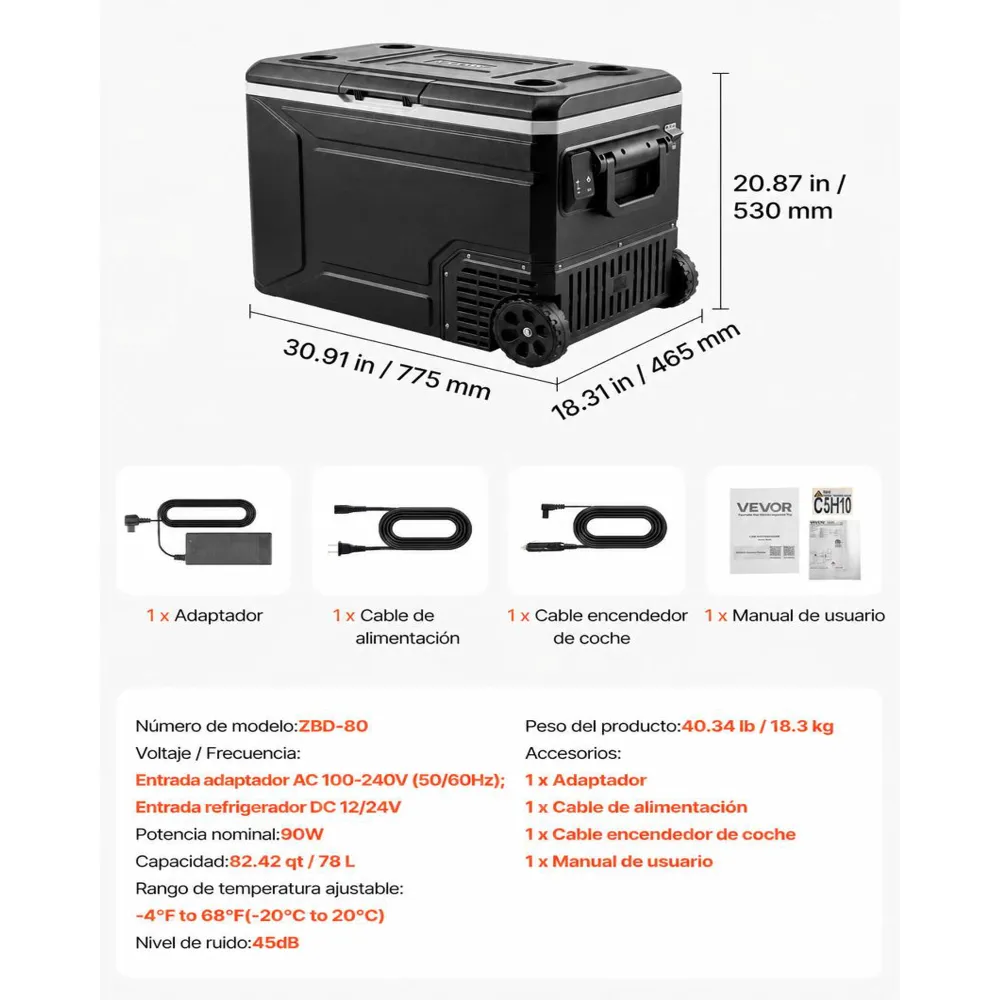 VEVOR Nevera Portátil para Coche 78 L con Compresor, Refrigerador para Coche Temperatura Ajustable de -20 a 20 °C, 12/24 V CC y 100-240 V CA, con Ruedas y Asa, para Autocaravanas, Camping, Viajes
