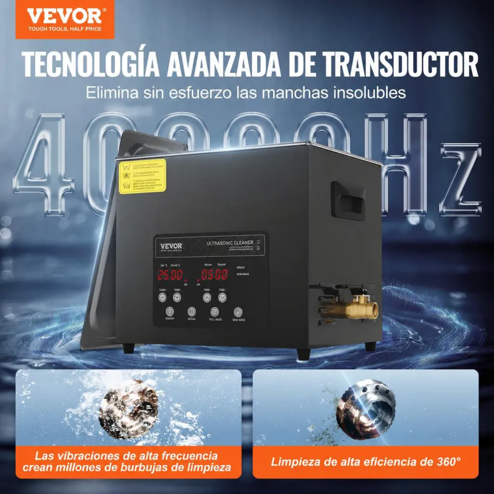 VEVOR 240 W Limpiador Ultrasónico, Máquina de Limpieza Ultrasónica Digital de 10 L con Modo Suave y Desgasificación Mejorada,  Calentador y Temporizador para Joyas, Herramientas, Retenedores