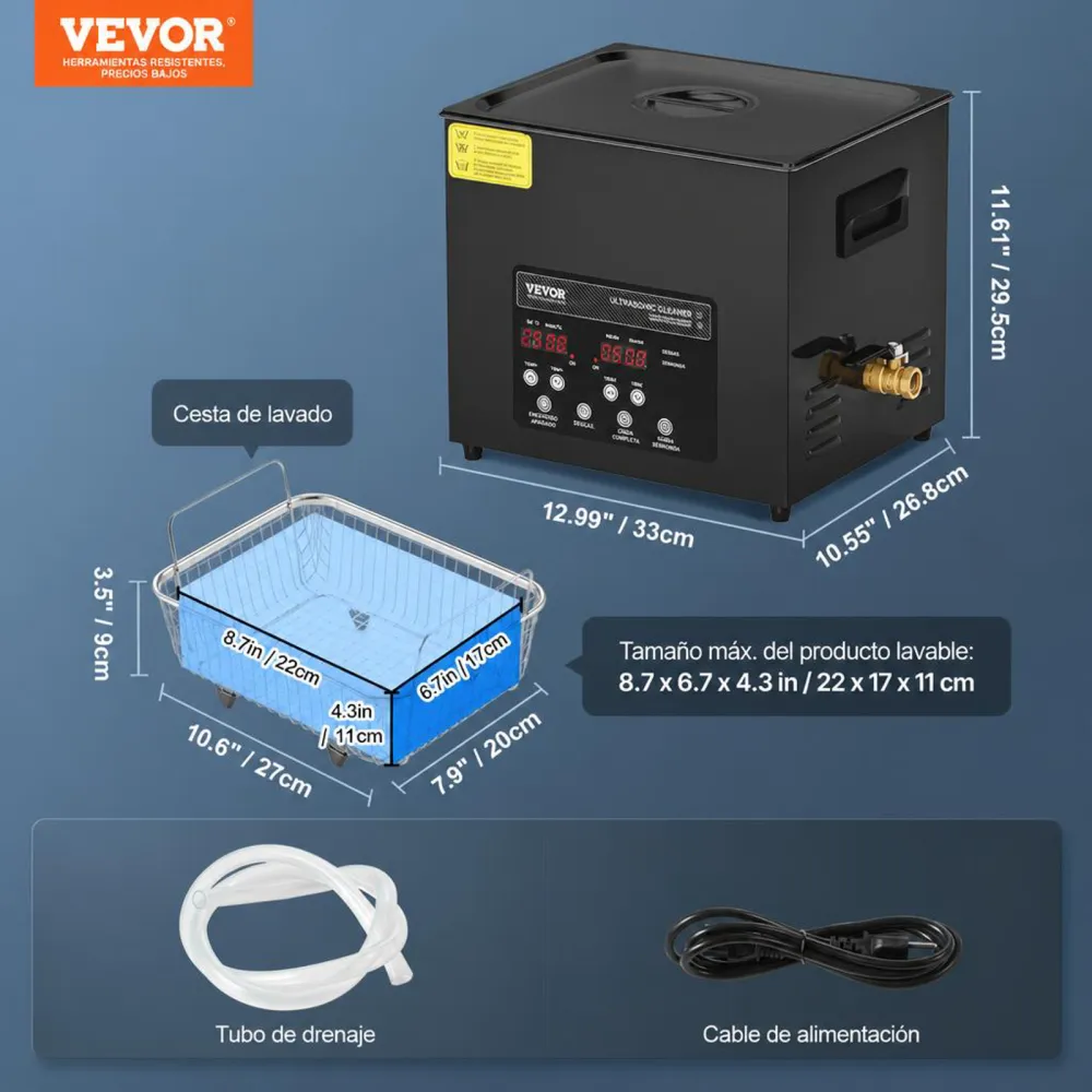 VEVOR 240 W Limpiador Ultrasónico, Máquina de Limpieza Ultrasónica Digital de 10 L con Modo Suave y Desgasificación Mejorada,  Calentador y Temporizador para Joyas, Herramientas, Retenedores