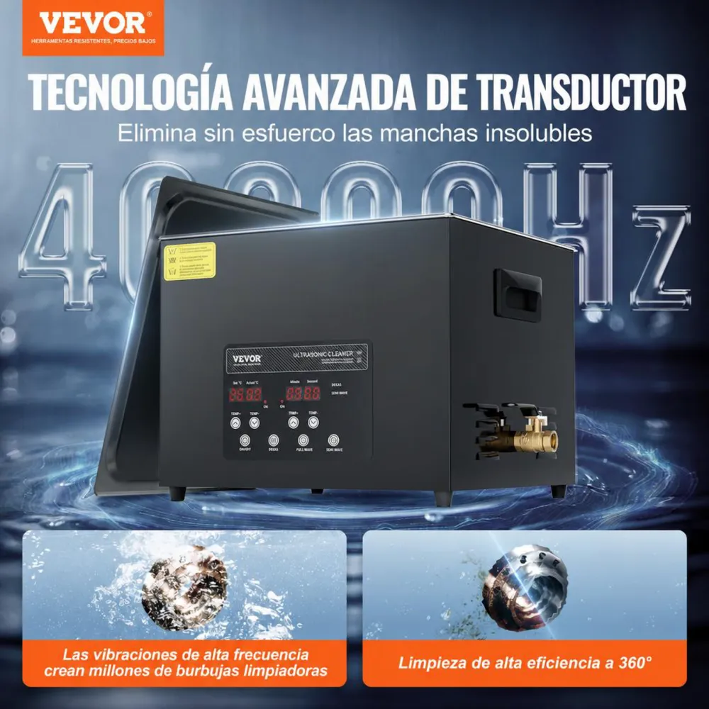 VEVOR Limpiador Ultrasónico 15 L Máquina de Limpieza Ultrasónica Digital 360 W Modo Suave y Desgasificación Mejorada 40 kHz con Calentador y Temporizador para Retenedores, Joyas, Herramientas