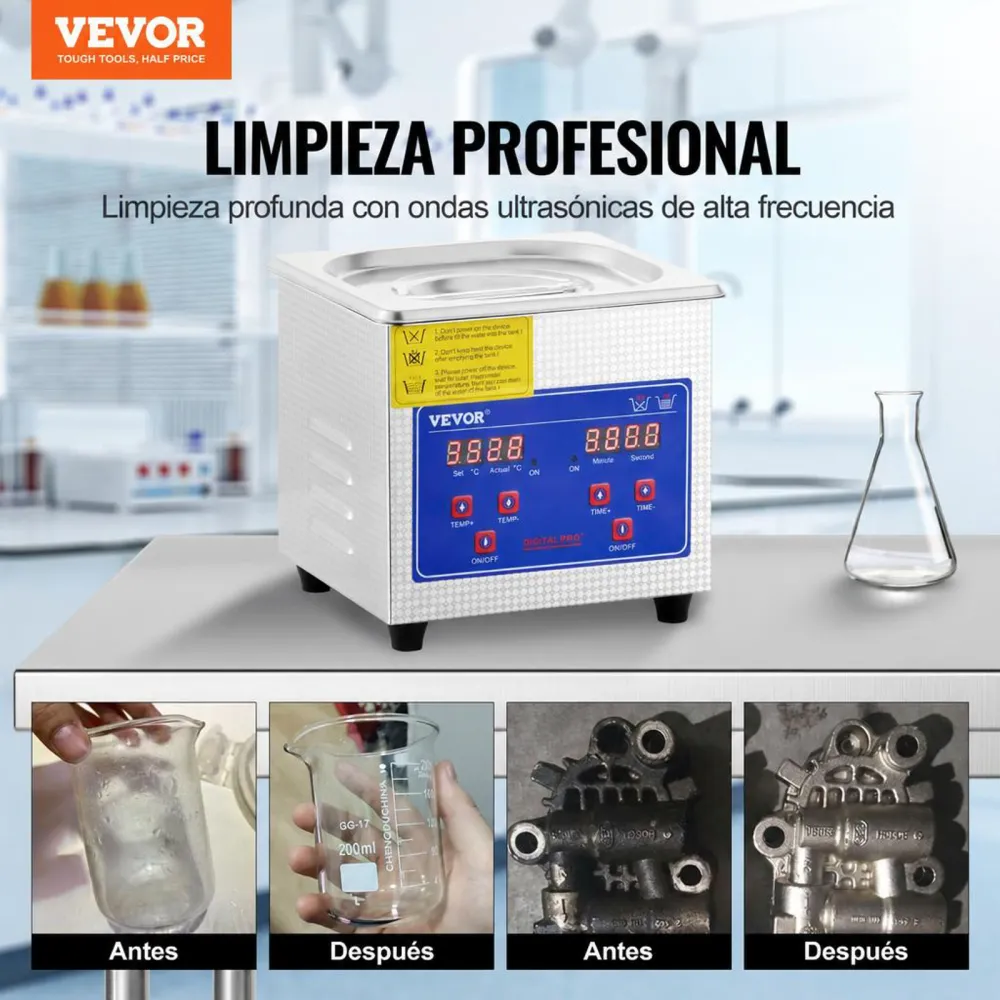 VEVOR Limpiador Ultrasónico 1.3L, 60W Limpiador Ultrasónico Profesional de Acero Inoxidable, Máquina de Limpieza Ultrasónica Potente Frecuencia de 40 kHz con Pantalla LED para Joyas, Reloj, Gafas