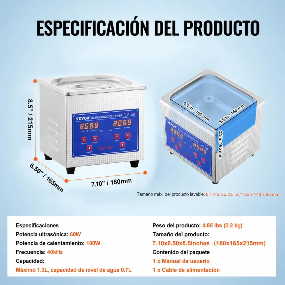 VEVOR Limpiador Ultrasónico 1.3L, 60W Limpiador Ultrasónico Profesional de Acero Inoxidable, Máquina de Limpieza Ultrasónica Potente Frecuencia de 40 kHz con Pantalla LED para Joyas, Reloj, Gafas