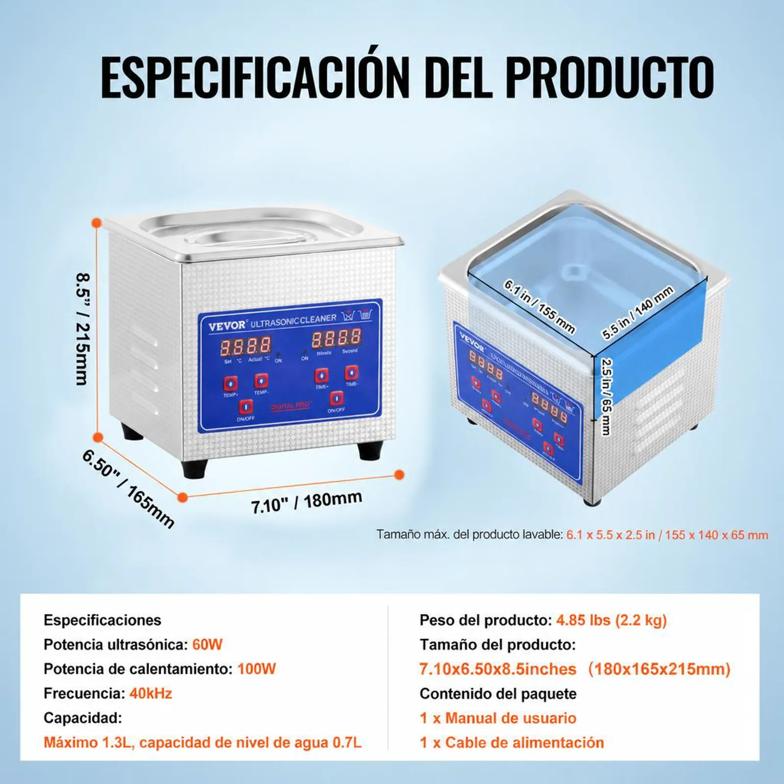 VEVOR Limpiador Ultrasónico 1.3L, 60W Limpiador Ultrasónico Profesional de Acero Inoxidable, Máquina de Limpieza Ultrasónica Potente Frecuencia de 40 kHz con Pantalla LED para Joyas, Reloj, Gafas