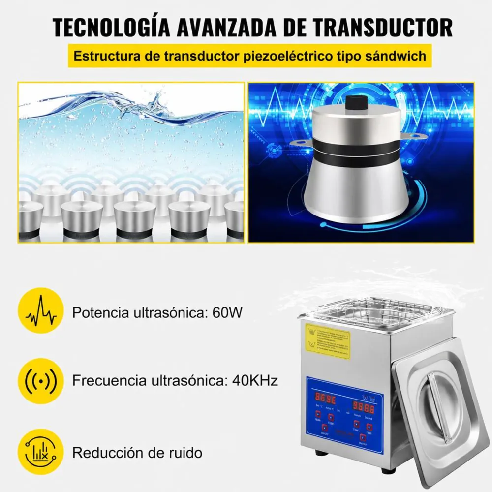 VEVOR Limpiador Ultrasónico 2L, 60W Limpiador Ultrasónico Profesional de Acero Inoxidable, Máquina de Limpieza Ultrasónica Potente Frecuencia de 40 kHz con Pantalla LED para Joyas, Reloj, Gafas