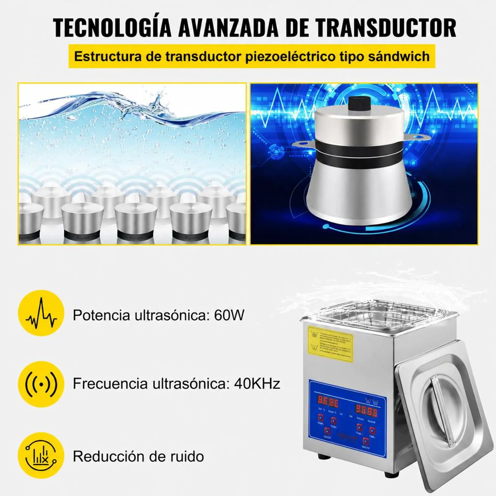 VEVOR Limpiador Ultrasónico 2L, 60W Limpiador Ultrasónico Profesional de Acero Inoxidable, Máquina de Limpieza Ultrasónica Potente Frecuencia de 40 kHz con Pantalla LED para Joyas, Reloj, Gafas
