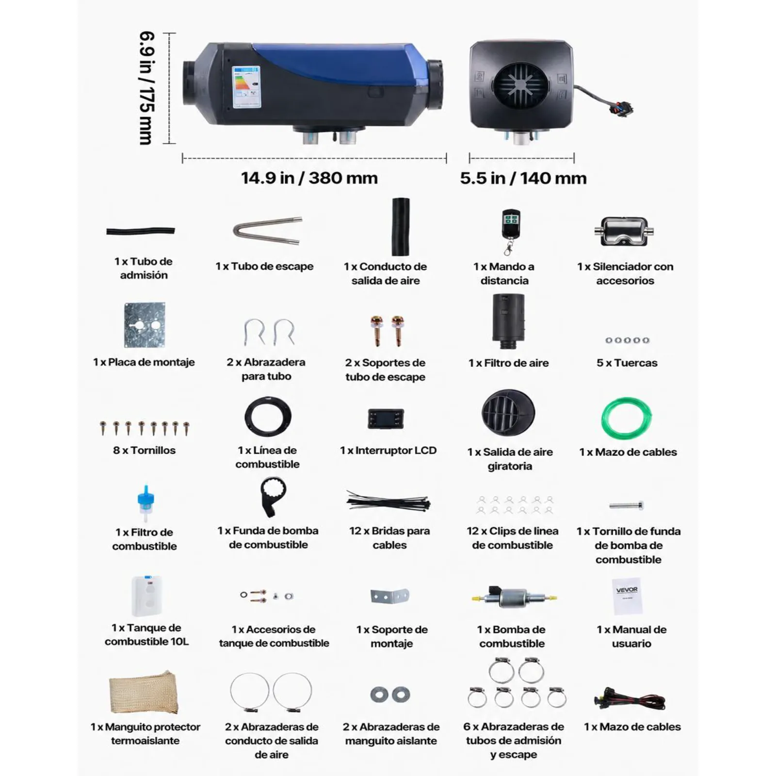 VEVOR Calentador Diésel de 12-24V 5-8KW Portátil, con Mando a Distancia y Pantalla LCD, Calentamiento Rápido y Bajo Nivel de Ruido, para Vehículos, Furgonetas, Autocaravanas, Caravanas y Camiones, 10 L