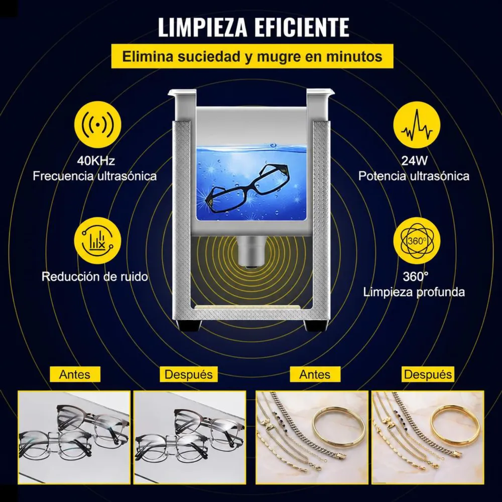 VEVOR Limpiador Ultrasónico 800 ml, 24 W Limpiador Ultrasónico Profesional de Acero Inoxidable, Máquina de Limpieza Ultrasónica Potente Frecuencia de 40 kHz con Pantalla LED para Joyas, Reloj, Gafas