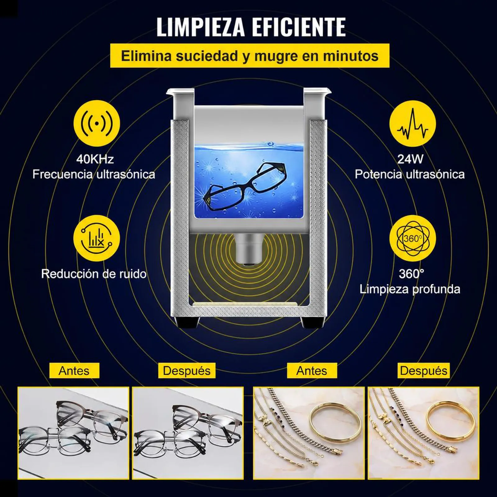 VEVOR Limpiador Ultrasónico 800 ml, 24 W Limpiador Ultrasónico Profesional de Acero Inoxidable, Máquina de Limpieza Ultrasónica Potente Frecuencia de 40 kHz con Pantalla LED para Joyas, Reloj, Gafas