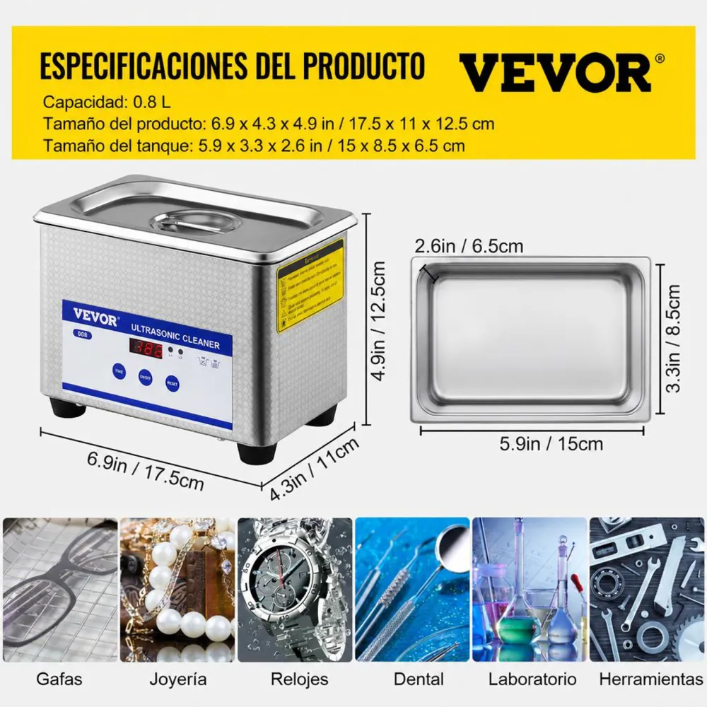 VEVOR Limpiador Ultrasónico 800 ml, 24 W Limpiador Ultrasónico Profesional de Acero Inoxidable, Máquina de Limpieza Ultrasónica Potente Frecuencia de 40 kHz con Pantalla LED para Joyas, Reloj, Gafas