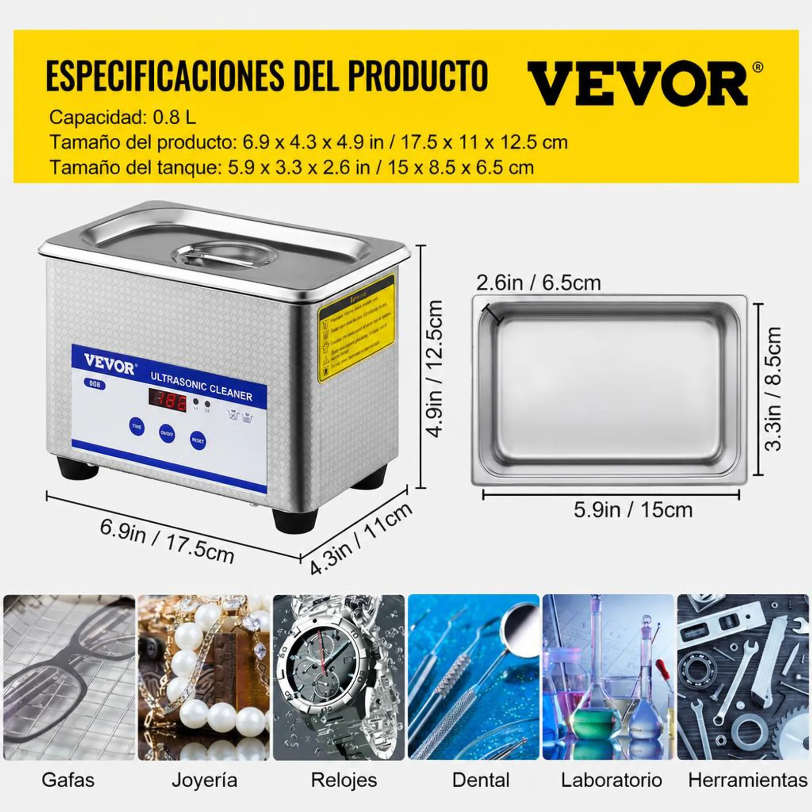 VEVOR Limpiador Ultrasónico 800 ml, 24 W Limpiador Ultrasónico Profesional de Acero Inoxidable, Máquina de Limpieza Ultrasónica Potente Frecuencia de 40 kHz con Pantalla LED para Joyas, Reloj, Gafas