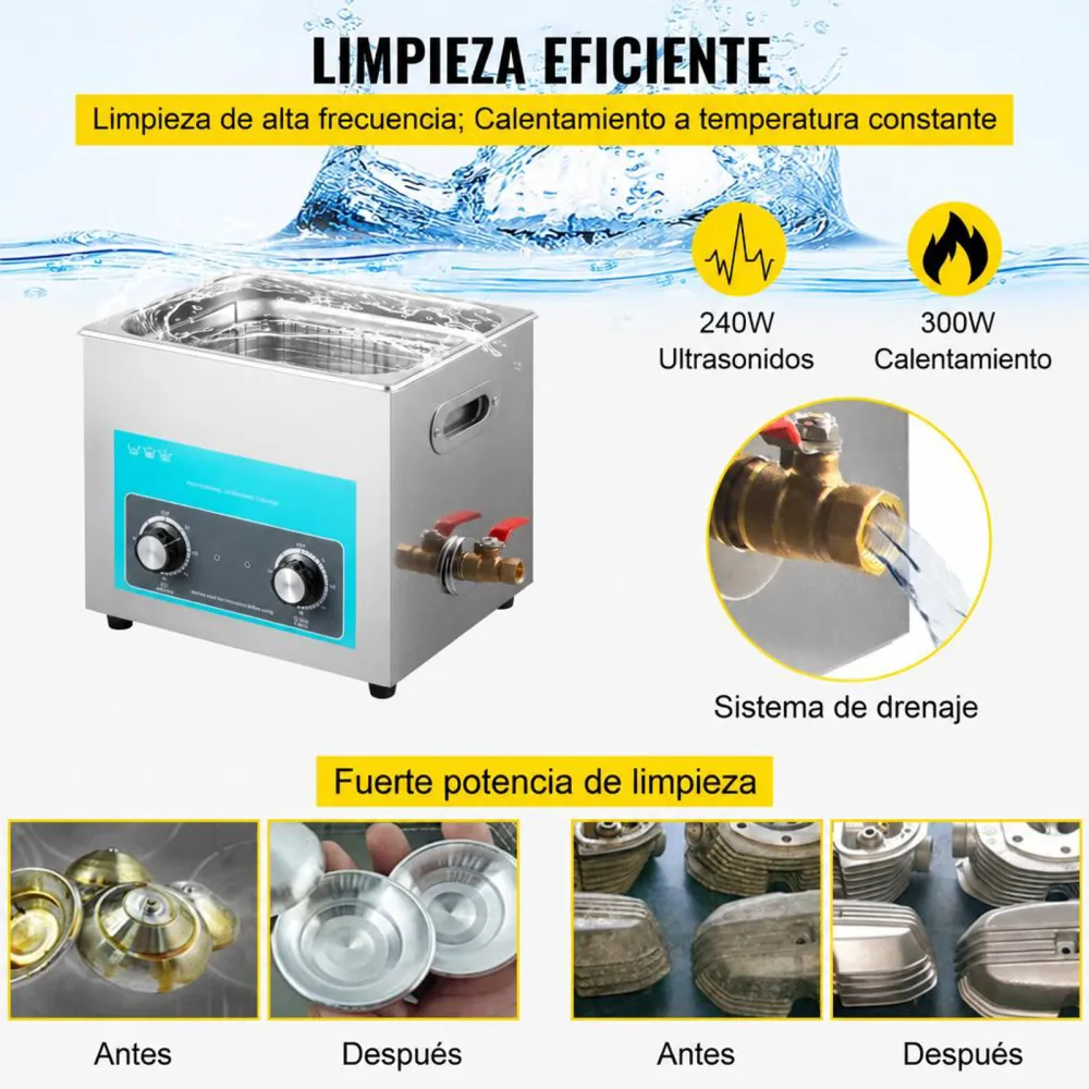 VEVOR Limpiador Ultrasónico 10 L 240 W Limpiador Ultrasónico Profesional con Calentador Ajustable Máquina de Limpieza Ultrasónica con 2 Perillas Potente Frecuencia de 40 kHz para Joyas, Reloj y Gafas