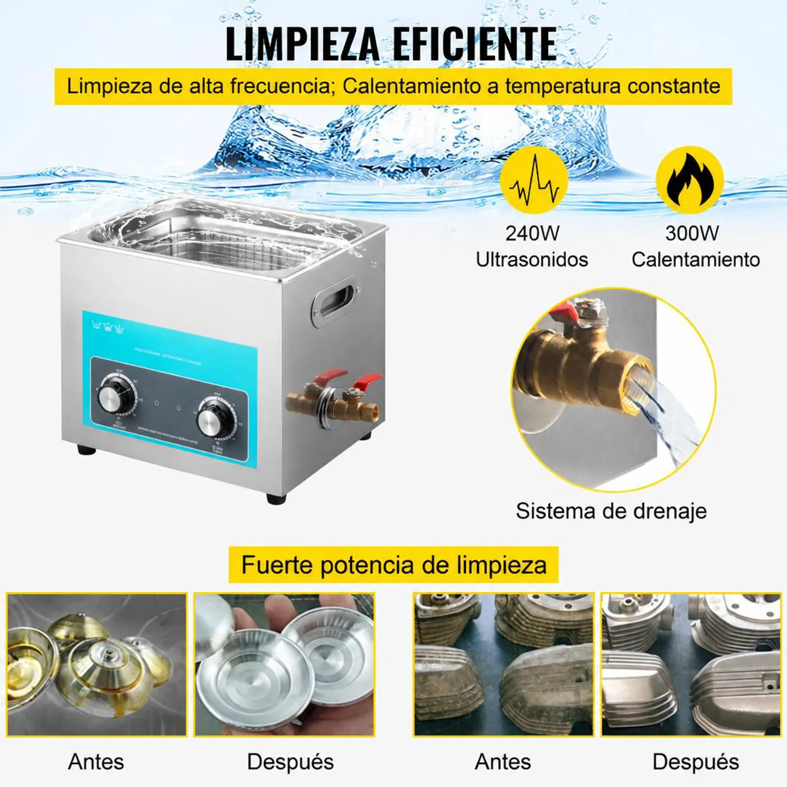 VEVOR Limpiador Ultrasónico 10 L 240 W Limpiador Ultrasónico Profesional con Calentador Ajustable Máquina de Limpieza Ultrasónica con 2 Perillas Potente Frecuencia de 40 kHz para Joyas, Reloj y Gafas