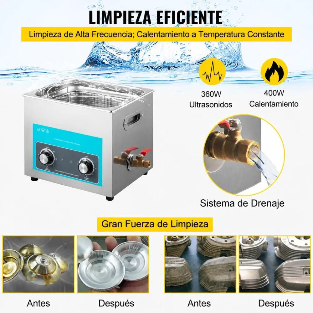 VEVOR Limpiador Ultrasónico 15L, Limpiador Ultrasónico Profesional 360W con Calentador Ajustable Máquina de Limpieza Ultrasónica con 2 Perillas Potente Frecuencia 40kHz para Joyas, Reloj y Gafas