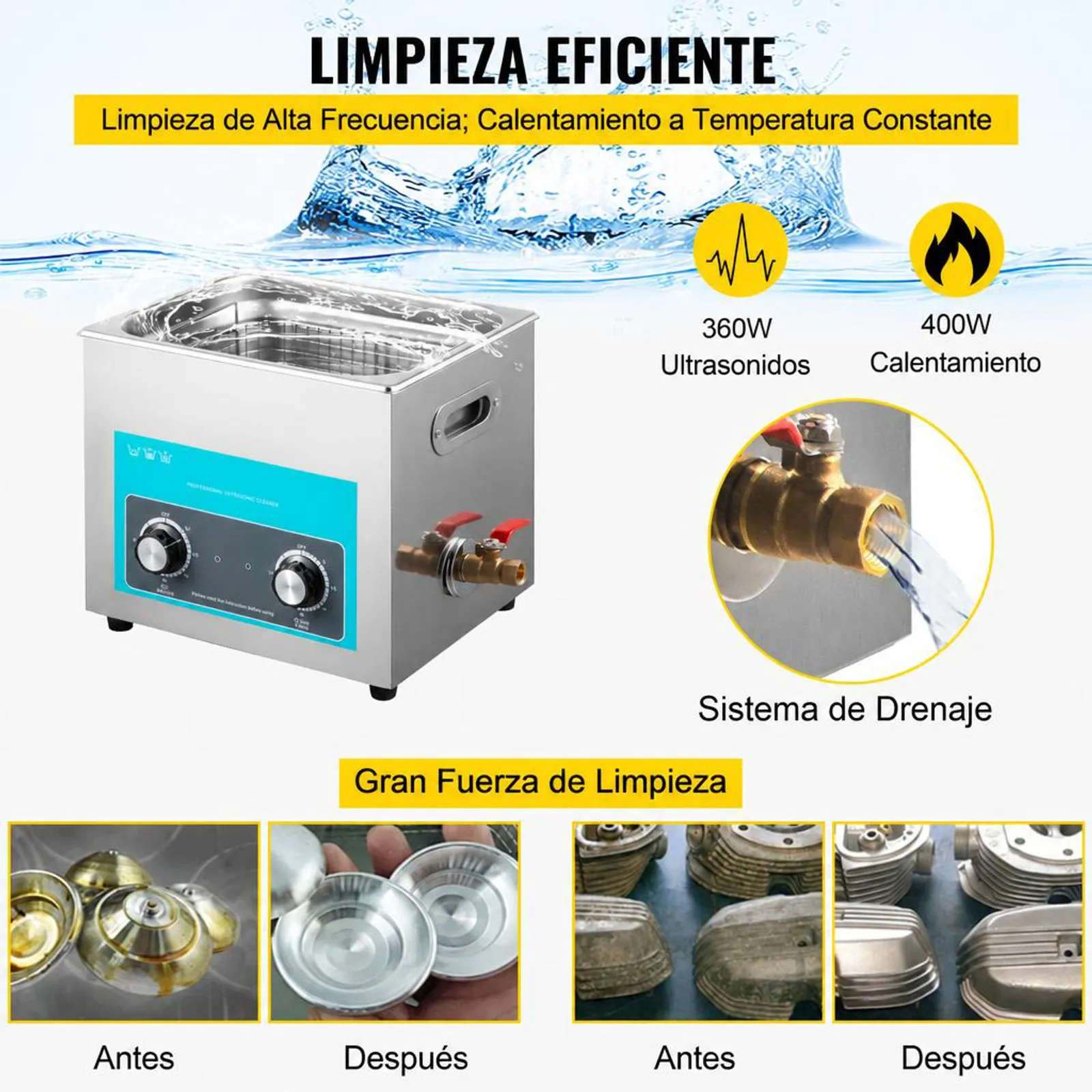 VEVOR Limpiador Ultrasónico 15L, Limpiador Ultrasónico Profesional 360W con Calentador Ajustable Máquina de Limpieza Ultrasónica con 2 Perillas Potente Frecuencia 40kHz para Joyas, Reloj y Gafas