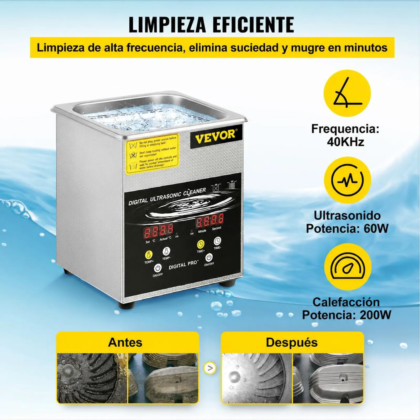 VEVOR Limpiador Ultrasónico Mejorado 2 L Calentador de 100 W a Ultrasónico de 60 W Limpiador de Piezas Ultrasónico de Laboratorio Digital con Temporizador para Limpieza de Piezas de Joyería